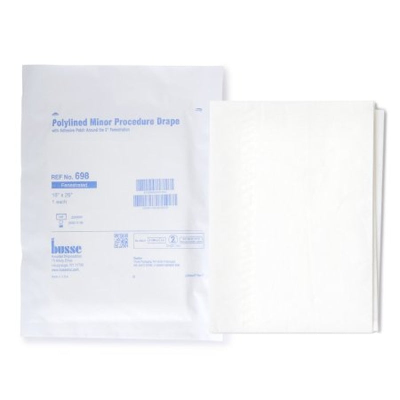 Busse Hospital Disposables Poly Lined Towel Drape – White Sterile Fenestrated with Adhesive, 18 x 26 Inch (Box of 50)