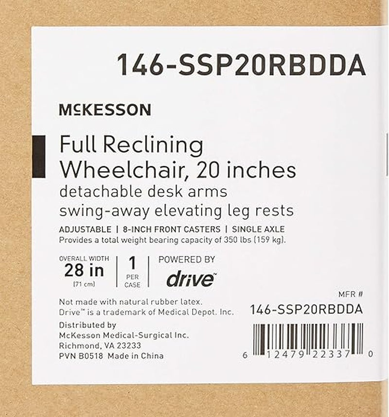 Reclining Wheelchair McKesson Desk Length Arm Swing-Away Elevating Legrest Black Upholstery 20 Inch Seat Width Adult 350 lbs. Weight Capacity