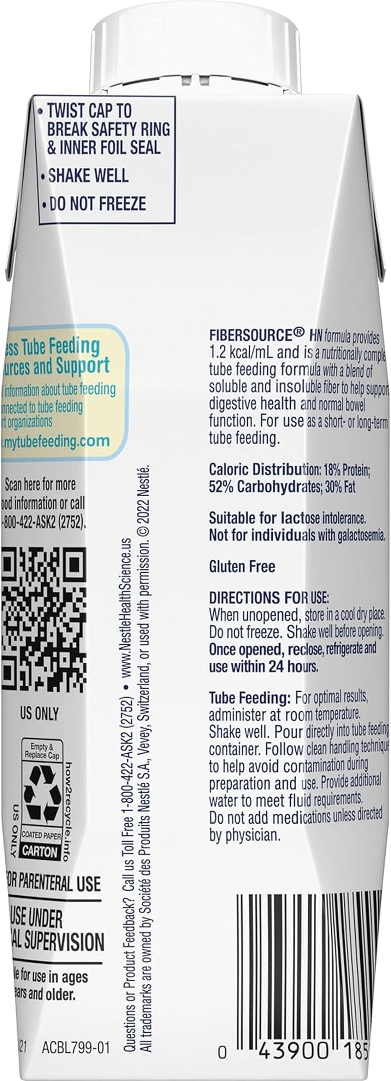 tube feeding formula fibersource hn unflavored liquid 250 ml carton packaging type case