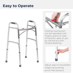 probasics aluminum two button release folding walker without wheels