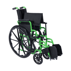 folded lightweight adult wheelchair with green frame and black seat, right angle