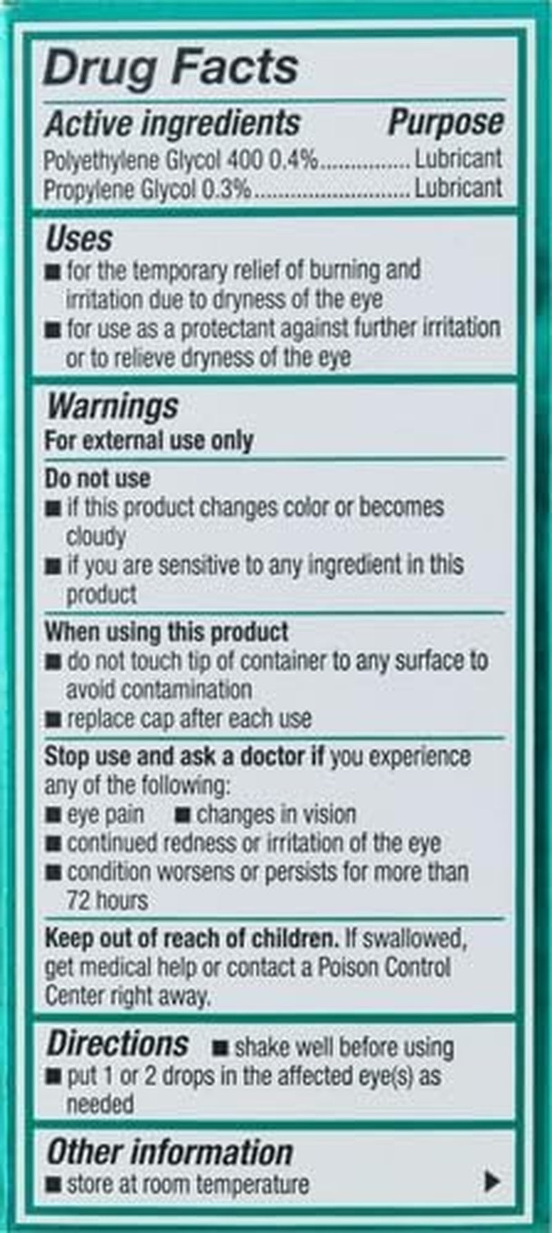 Drug facts label for eye drops with active ingredients, uses, warnings, and directions.