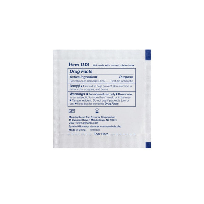 Dynarex Antiseptic Skin Towelettes – 5% Alcohol / 0.13% Benzalkonium Chloride, 5 x 7 in Individual Packets, Box of 100, Latex-Free
