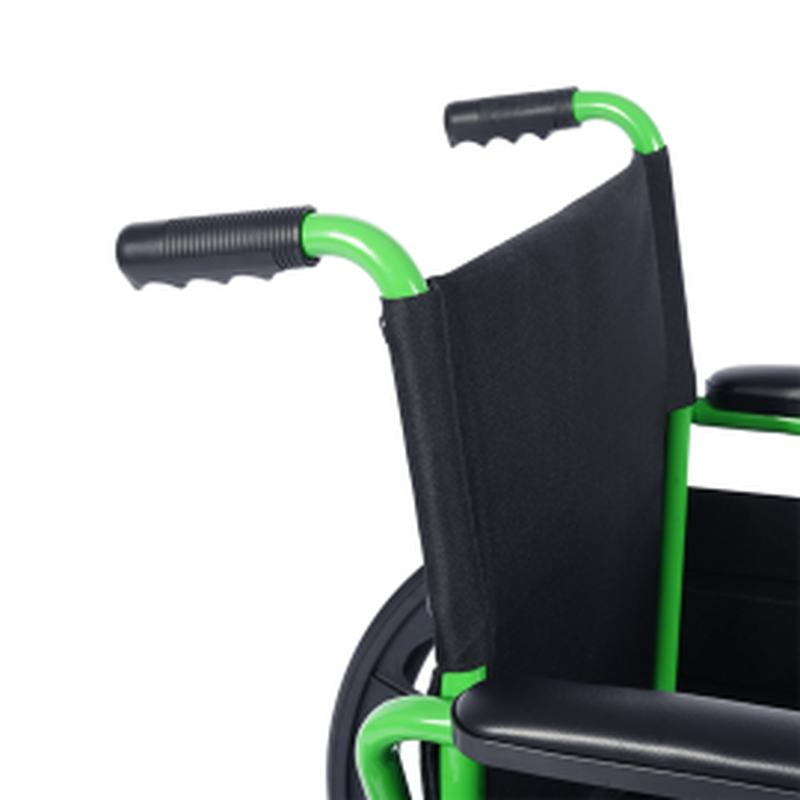 manual wheelchair with large rear wheels and foldable footrests, left angle