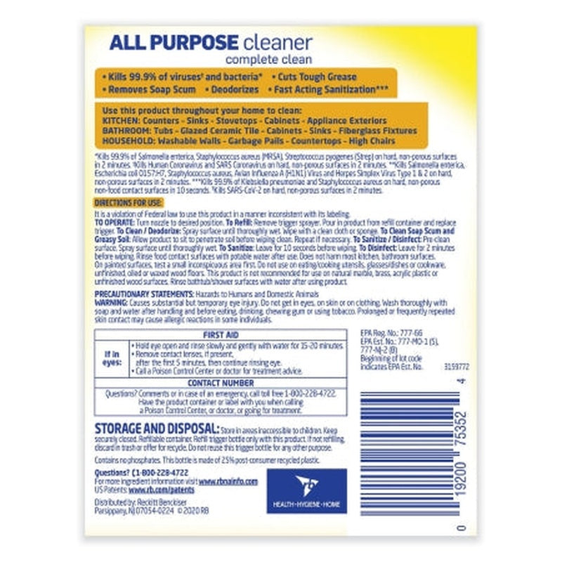 Lysol All Purpose Surface Disinfectant Cleaner – Lemon Breeze 32 oz Trigger Spray Bottle, Kills 99.9% of Bacteria and COVID-19 Virus (Case of 12) | EPA Reg. 777-89