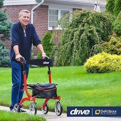 nitro dual function transport wheelchair and rollator rolling walker combo with hand activated brakes and back support red