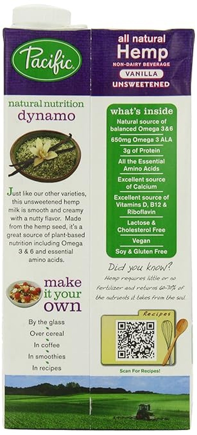 Pacific Natural Foods Hemp Vanilla - Unsweetened - Case Of 12 - 32 Fl Oz.