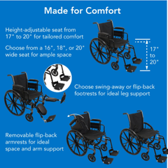 Probasics K3 Lightweight Wheelchair with flip back height adjustable arms and swing-away footrests with heel loops or elevating legrests with composite footplates ,8" x 1" Front 24" Back Wheels ,less than 36 pounds ,16" x 16" ,WC31616DS