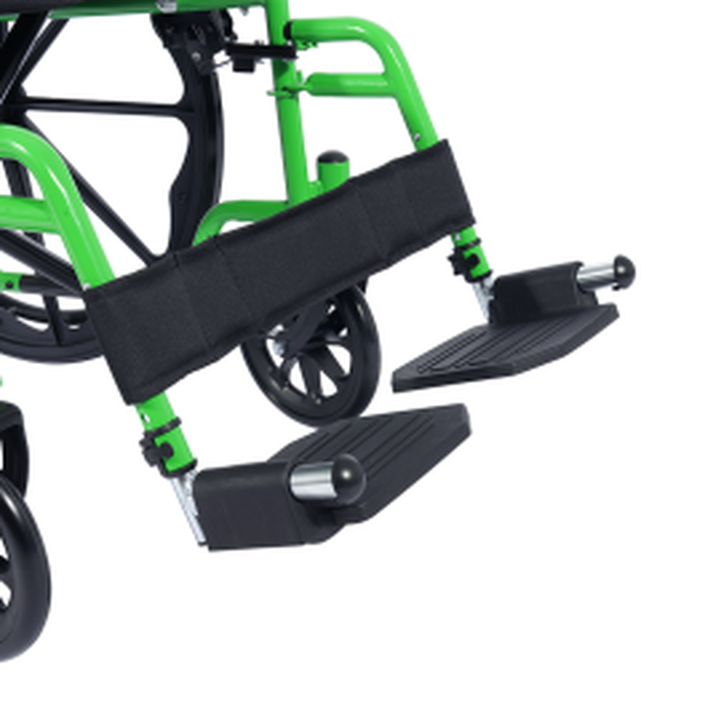 adult green wheelchair with adjustable footrests, side perspective