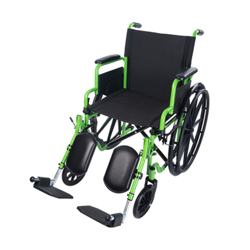 adult green wheelchair with footrests, side perspective