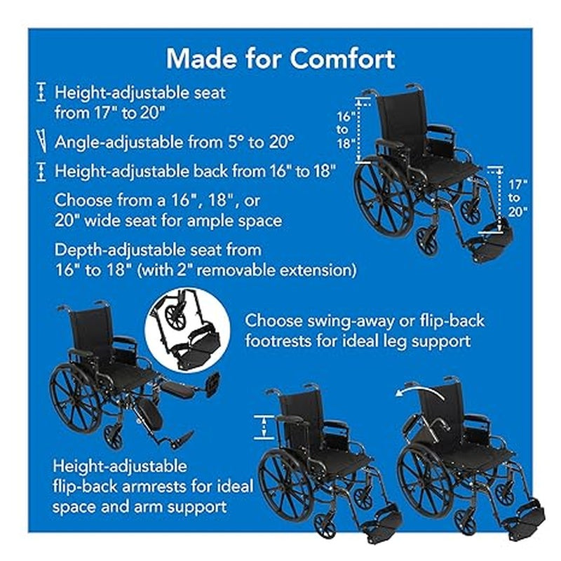 Probasics K2 Wheelchair with flip-back height adjustable padded removable desk length arm rests and Elevating Leg rest ,8" x 1" Front 24" Back Wheels ,300 lbs Weight Capacity ,18" x 16" ,WC21816DE