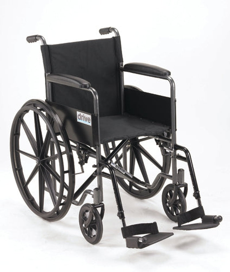 18-inch manual wheelchair with fixed full arms and detachable swingaway footrests