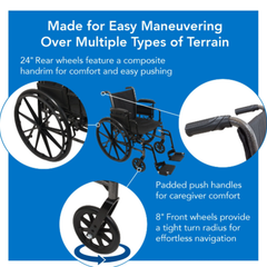 Probasics K3 Lightweight Wheelchair with flip back height adjustable arms and swing-away footrests with heel loops or elevating legrests with composite footplates ,8" x 1" Front 24" Back Wheels ,less than 36 pounds ,16" x 16" ,WC31616DS