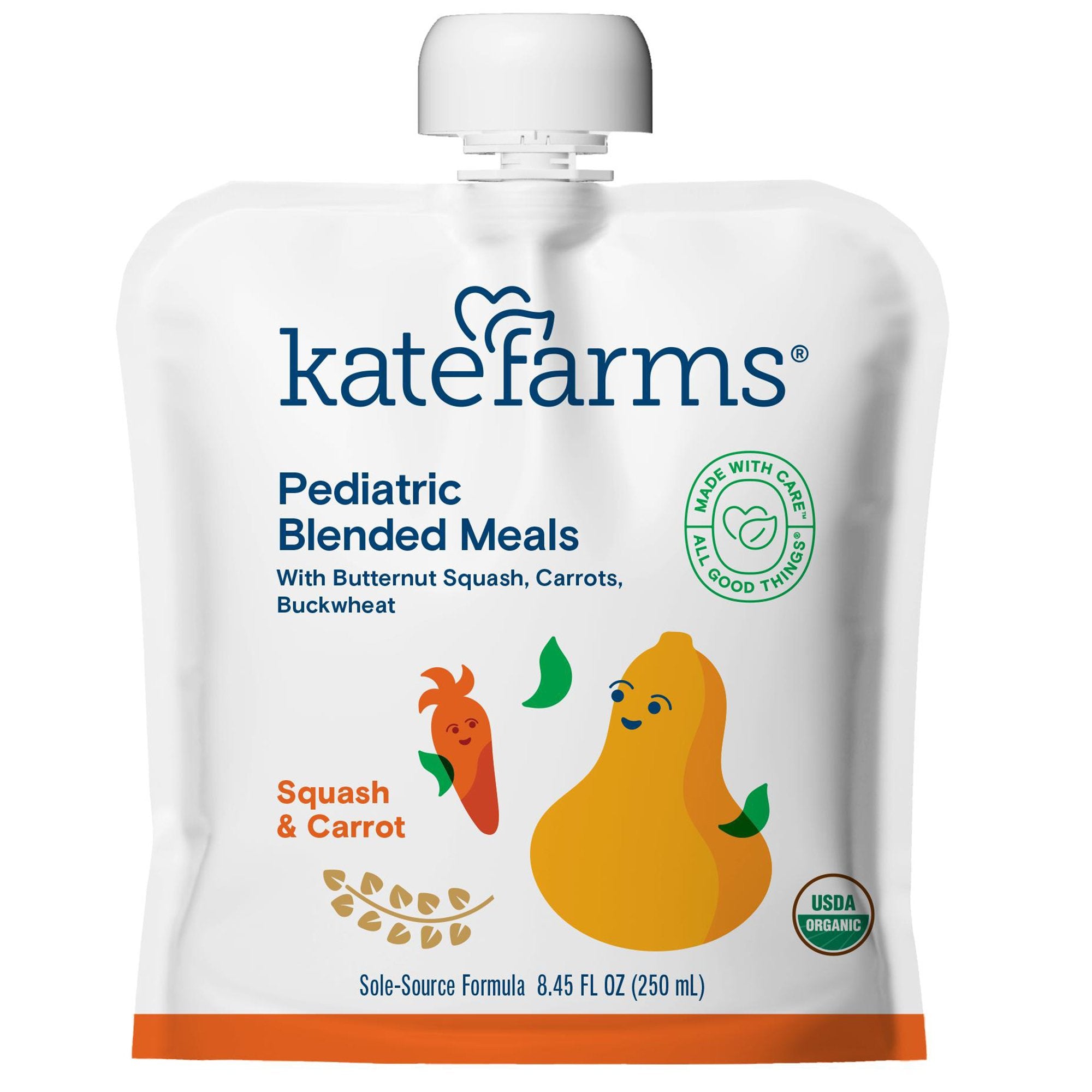 Pediatric Tube Feeding Formula Kate Farms Squash / Carrot Flavor 8.45 oz. / 250 mL Pouch Liquid Organic Pea Protein, Packaging Type- Case