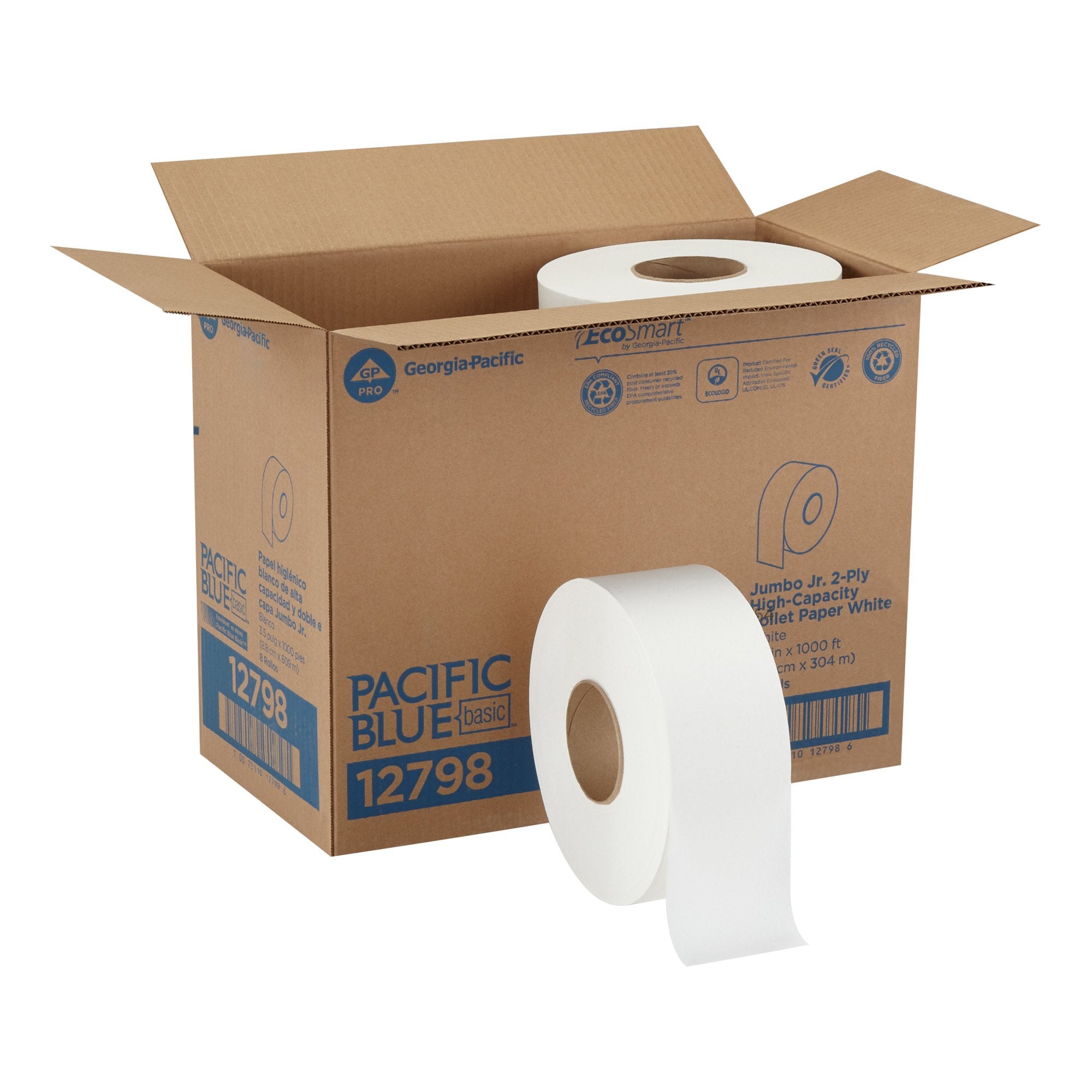 Toilet Tissue Pacific Blue Basic White 2-Ply Jumbo Size Cored Roll Continuous Sheet 3-1/5 Inch X 1000 Foot, Packaging Type- Case