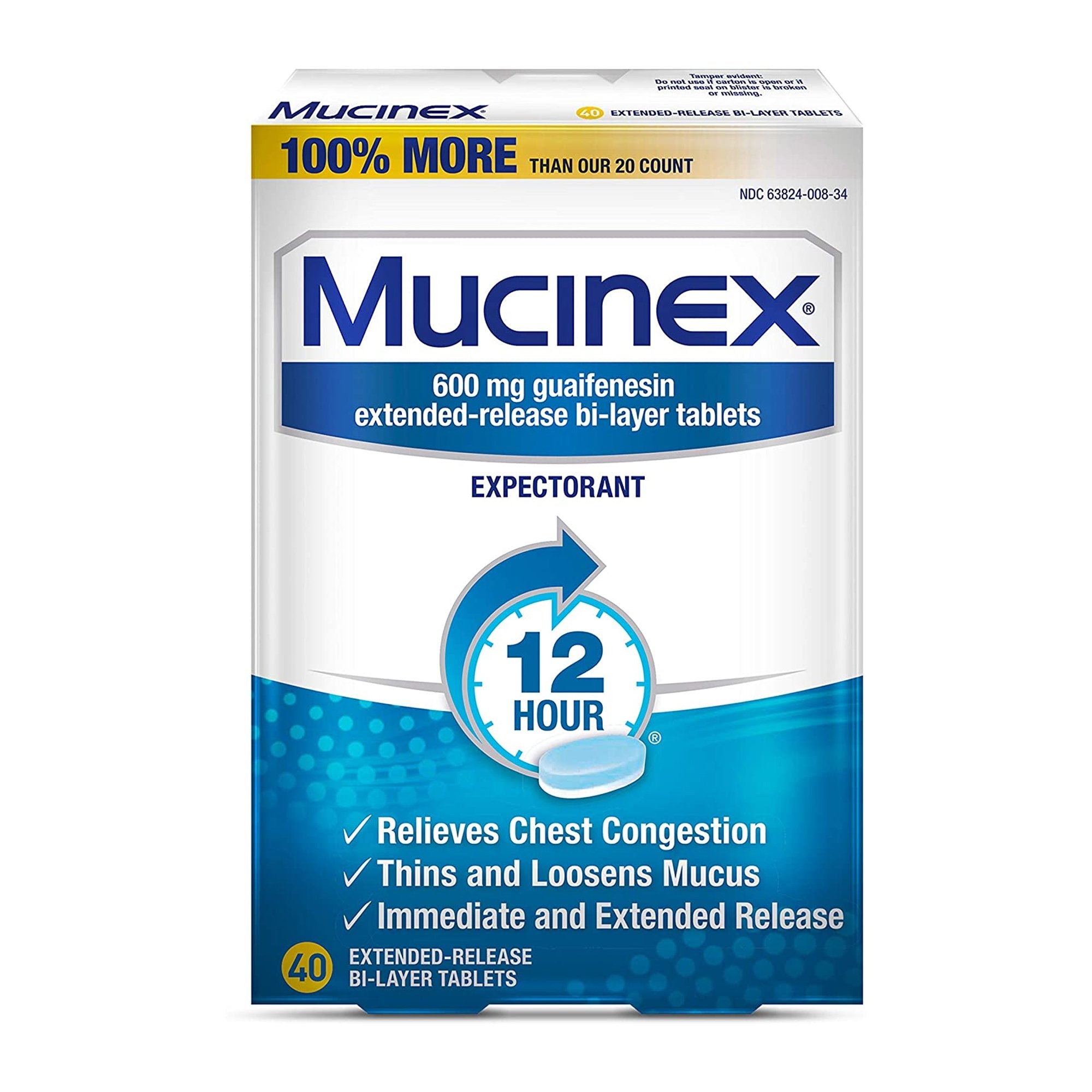 Cold and Cough Relief Mucinex 600 mg Strength Tablet 40 per Box, Packaging Type- Box