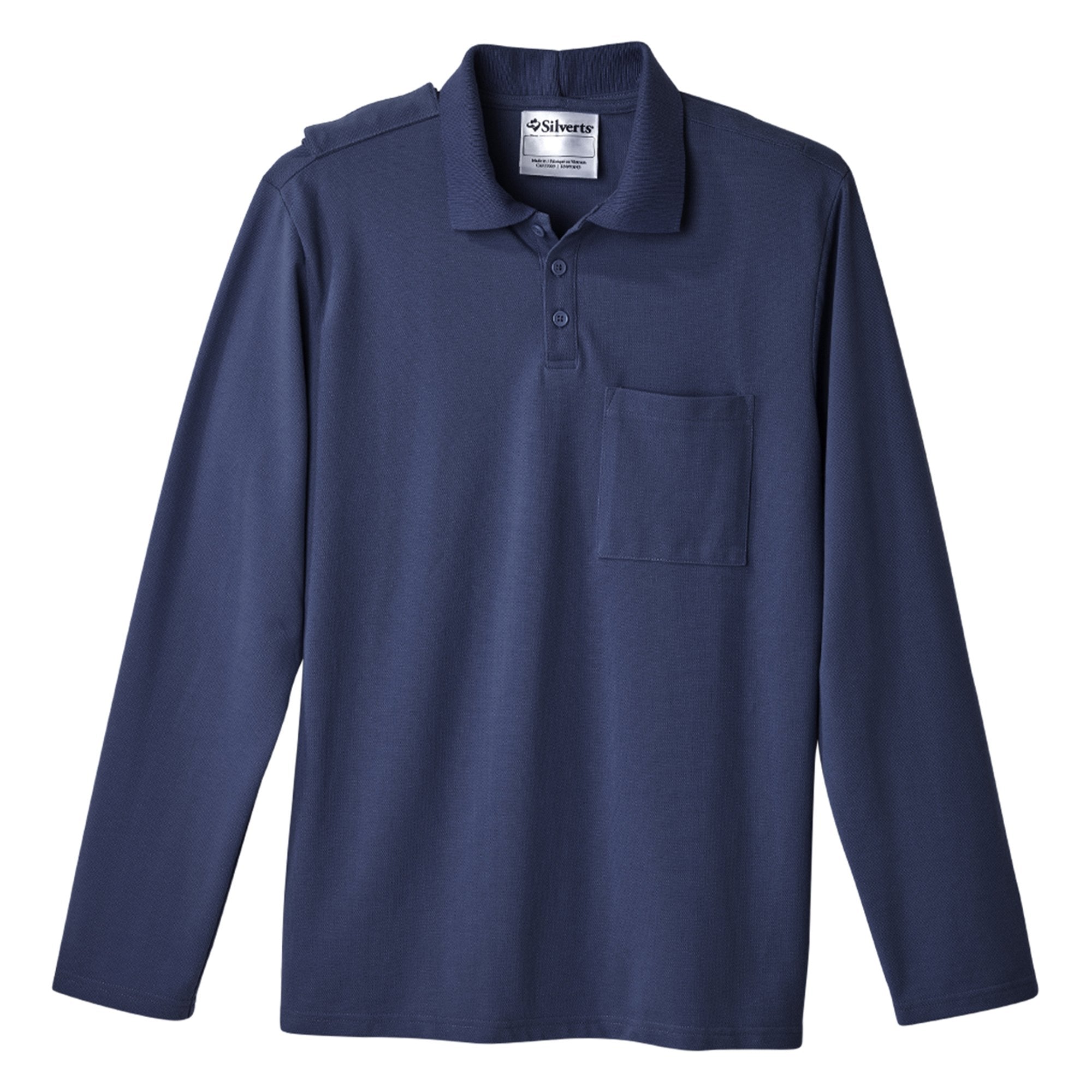 Adaptive Polo Shirt Silverts® Small Dark Navy 1 Pocket Long Sleeve Male