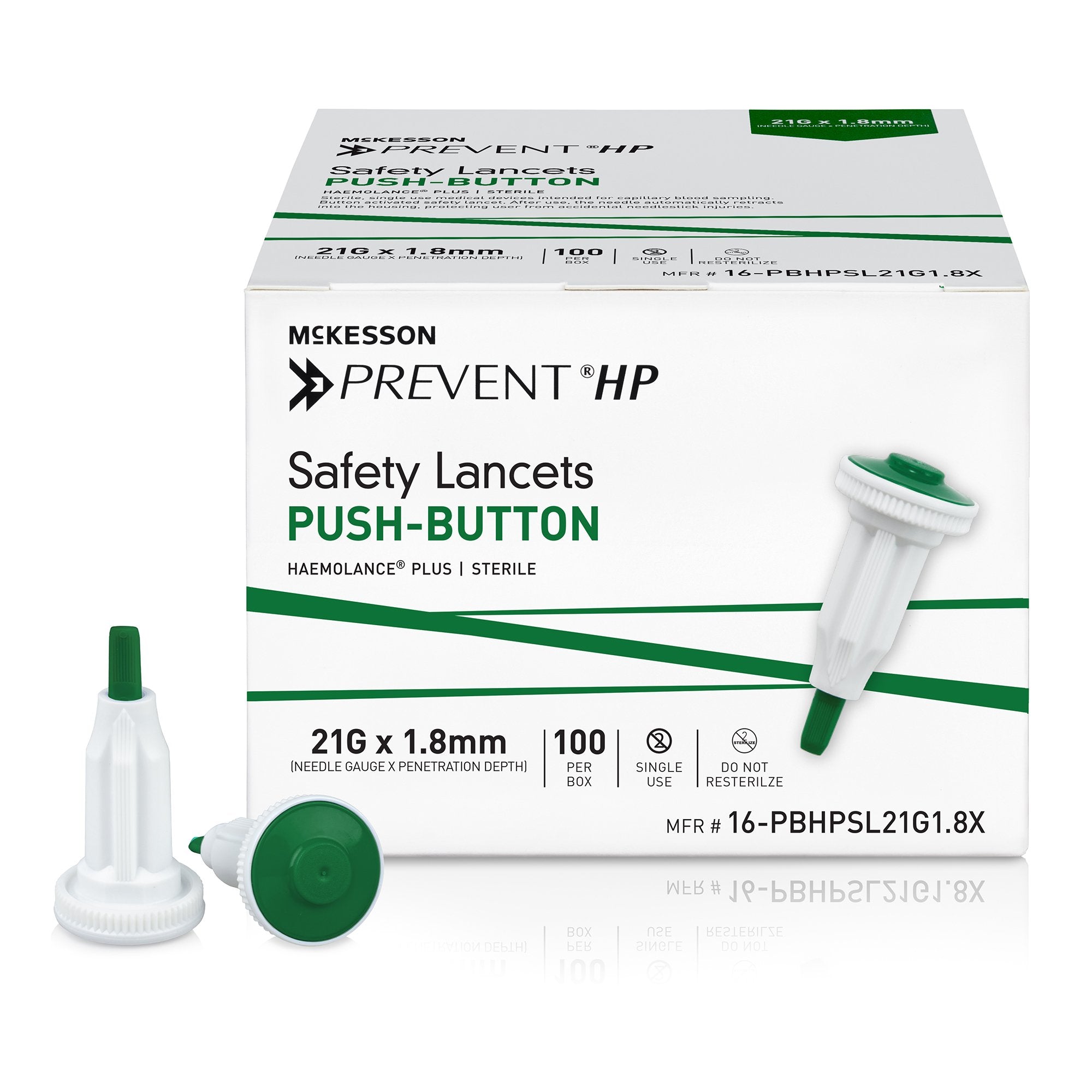 Safety Lancet McKesson Prevent HP 21 Gauge Retractable Push Button Activation Finger