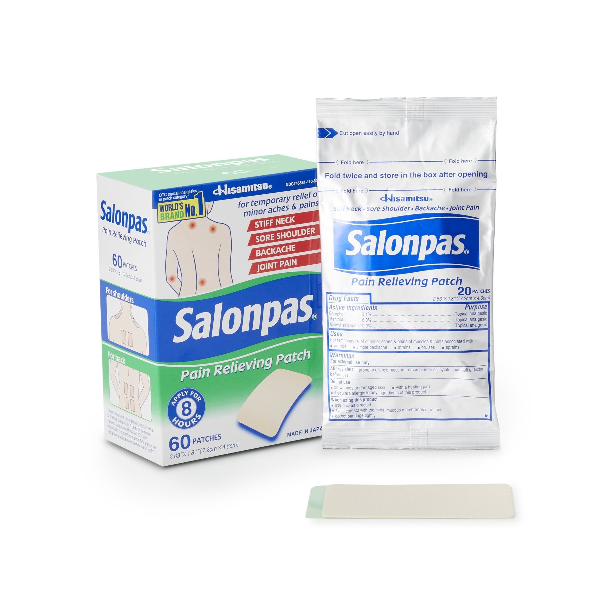 Topical Pain Relief Salonpas 3.1% - 6% - 10% Strength Camphor / Menthol / Methyl Salicylate Patch 60 per Box