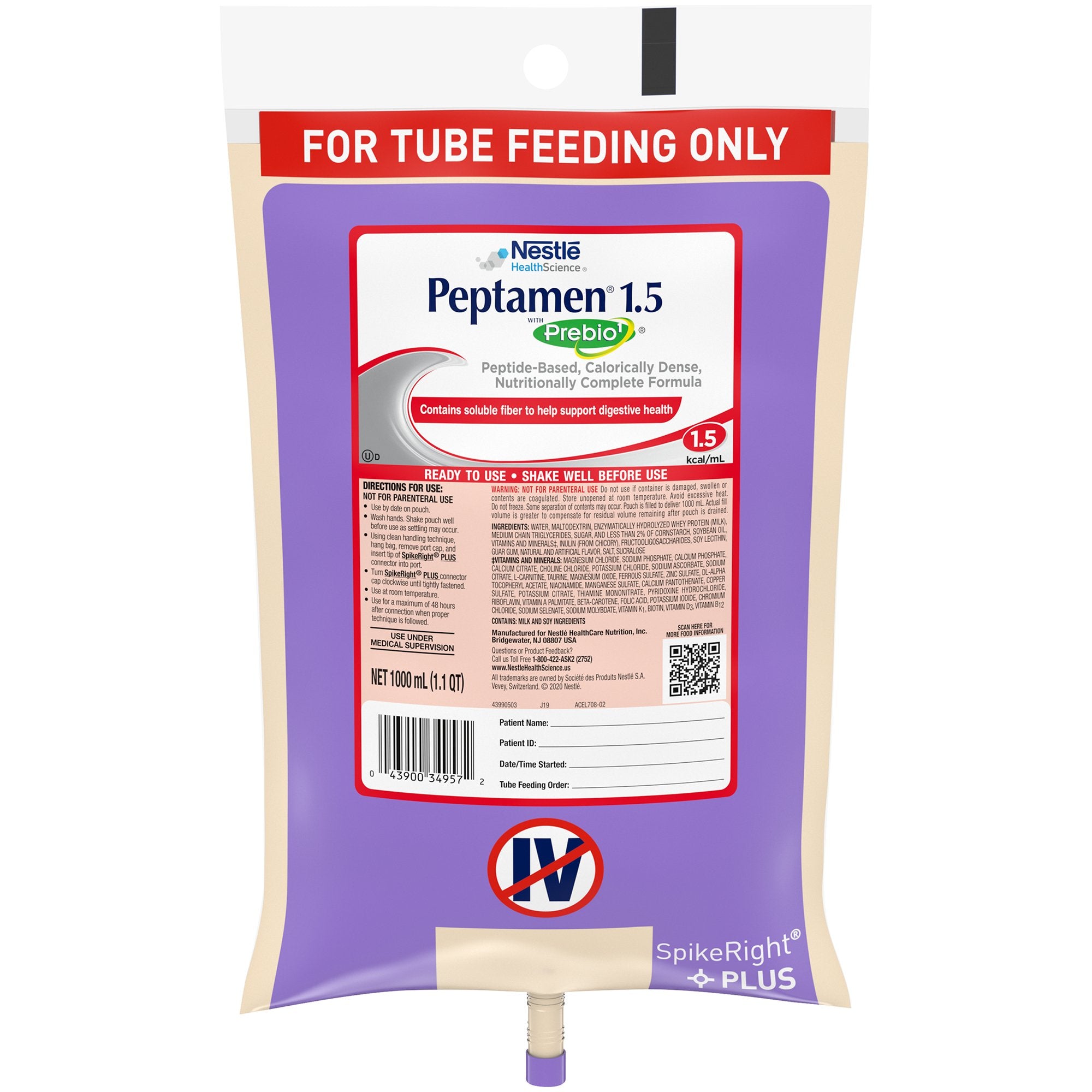 Tube Feeding Formula Peptamen 1.5 with Prebio 1 Vanilla Flavor Liquid 1000 mL Ready to Hang Prefilled Container, Packaging Type- Case