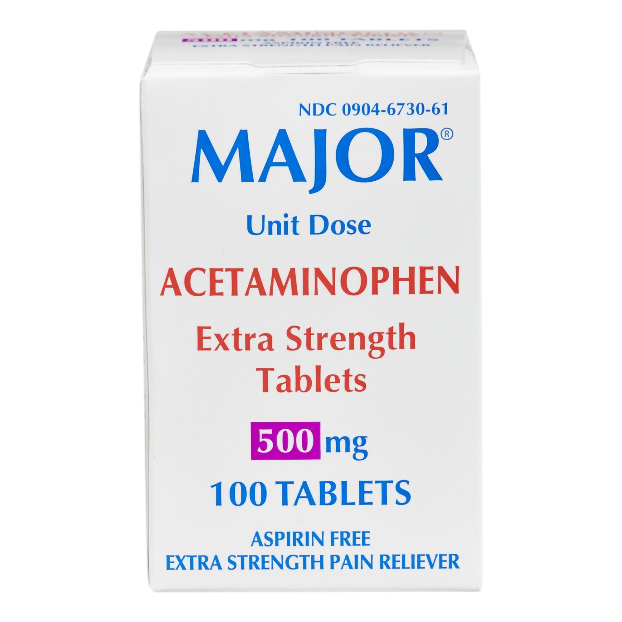 Pain Relief Major 500 mg Strength Acetaminophen Unit Dose Tablet 100 per Box, Packaging Type- Box