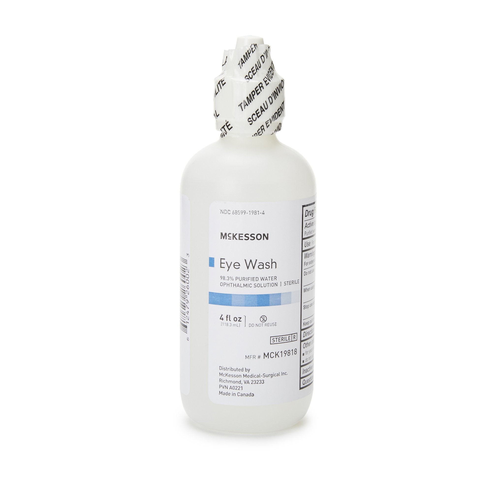 Eye Wash Solution McKesson Active ingredient: 98.3% Purified Water Inactive ingredients: boric acid, sodium borate, sodium chloride 4 oz. Squeeze Bottle, Packaging Type- Case