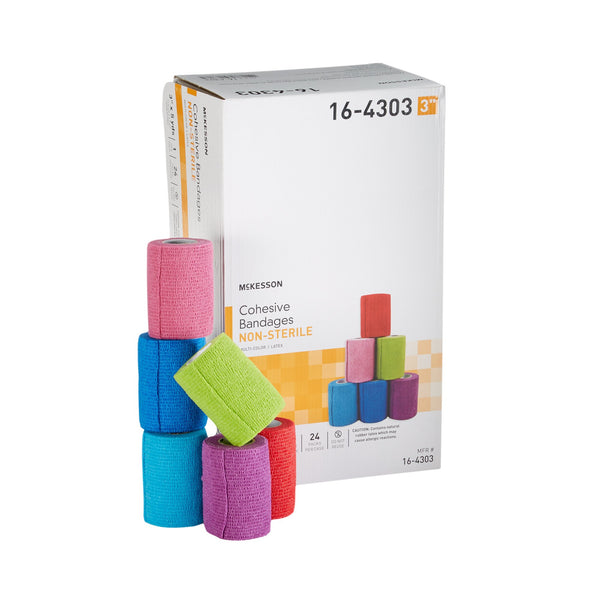 Cohesive Bandage McKesson 3 Inch X 5 Yard Self adherent Closure Purple / Pink / Green / Light Blue / Royal Blue / Red NonSterile Standard Compression