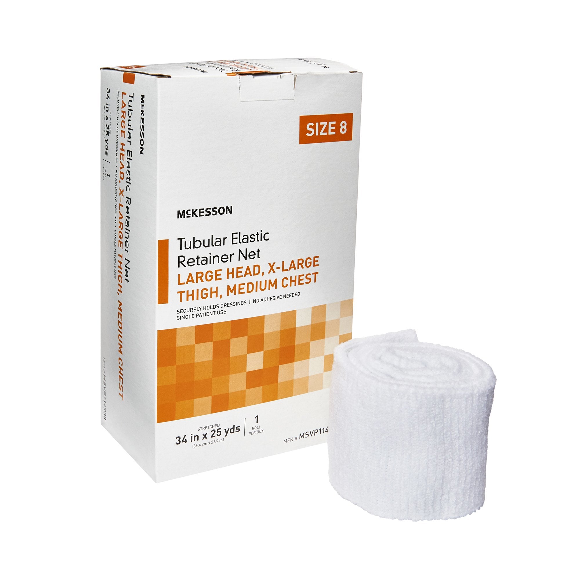 Elastic Net Retainer Dressing McKesson Tubular Elastic 34 Inch X 25 Yard (86.4 cm X 22.9 m) Size 8 White Large Head / X-Large Thigh / Medium Chest NonSterile, Packaging Type- Box