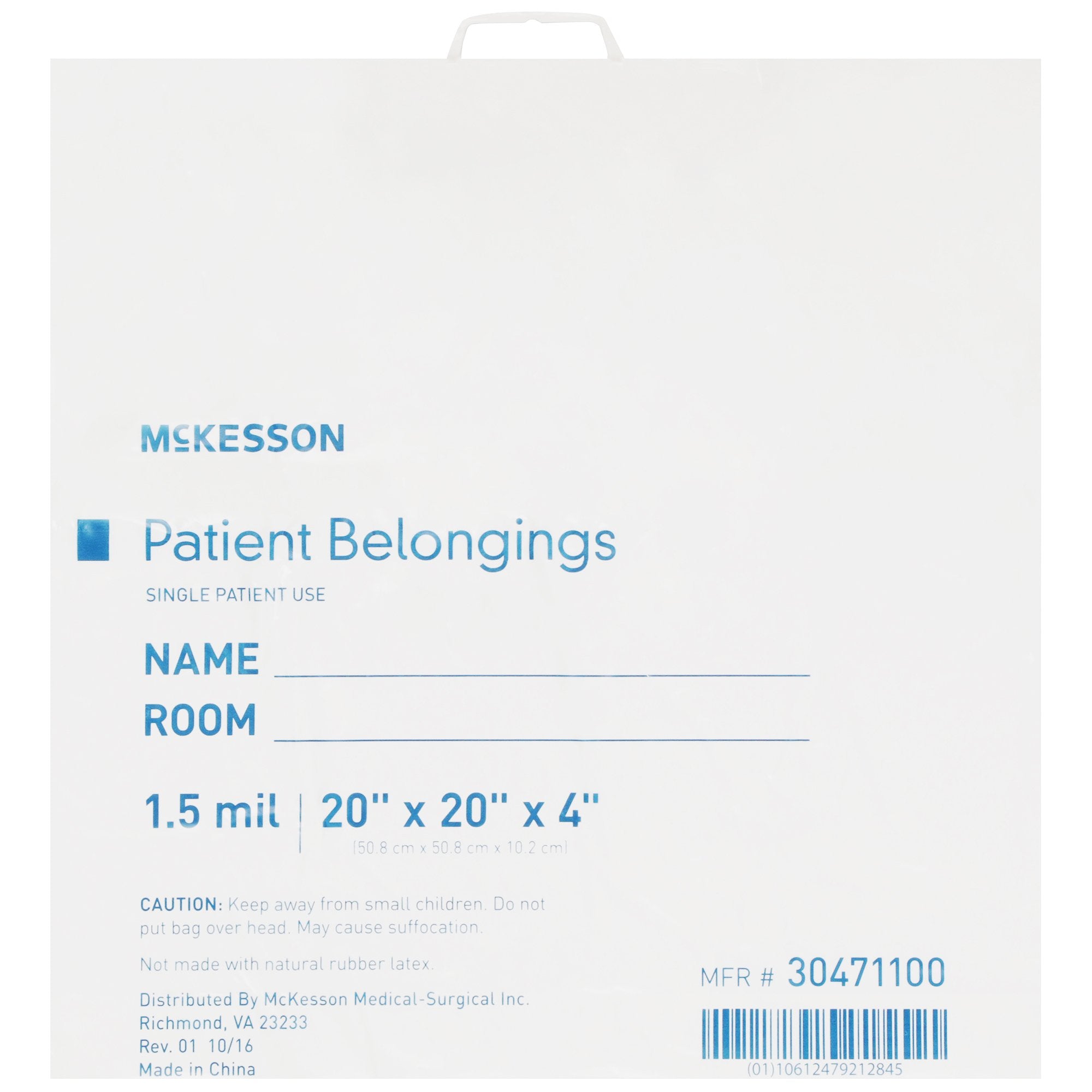 Patient Belongings Bag McKesson 4 X 20 X 20 Inch Polyethylene Snap Closure White, Packaging Type- Each