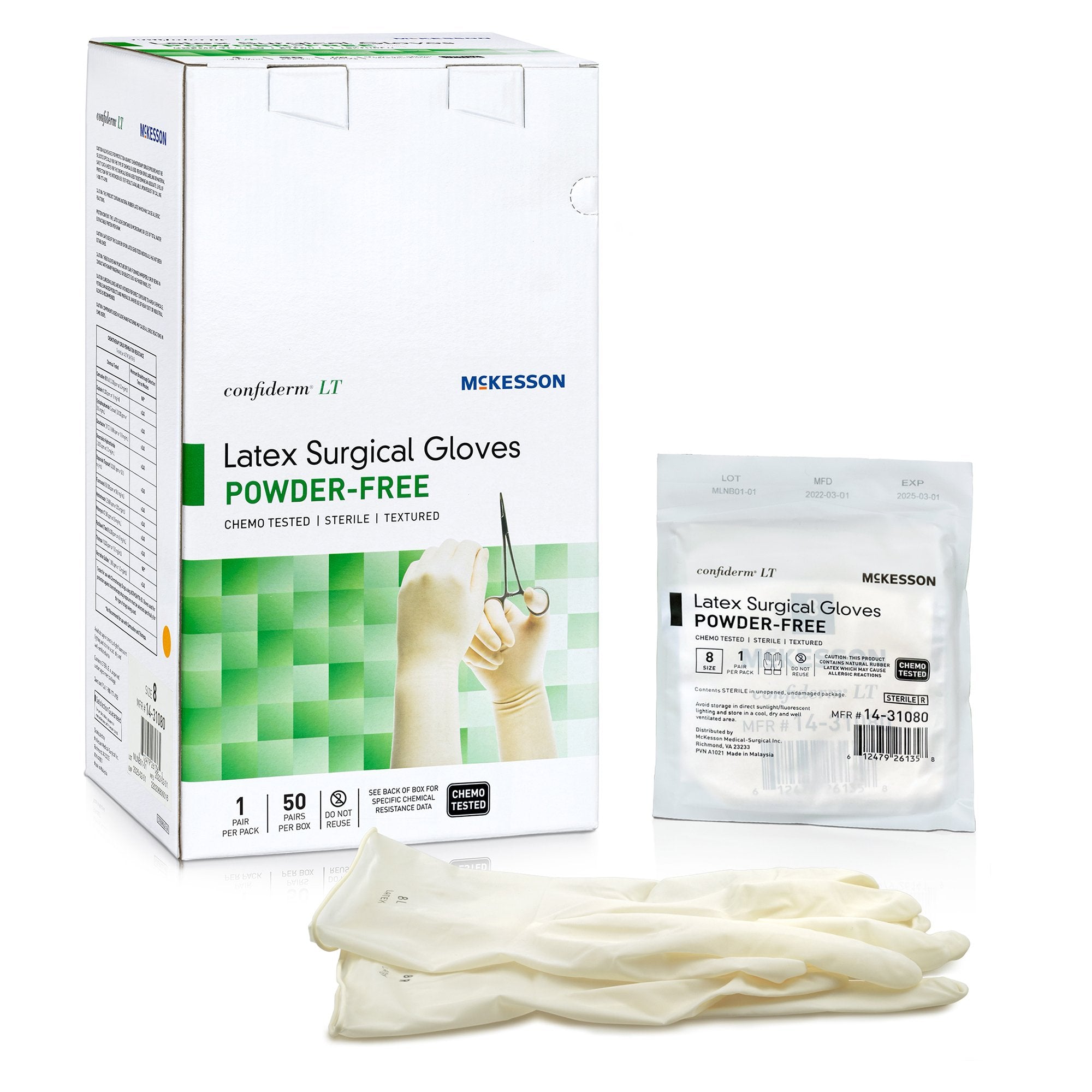 Surgical Glove Confiderm® LT Size 8 Sterile Latex Standard Cuff Length Fully Textured Ivory Chemo Tested