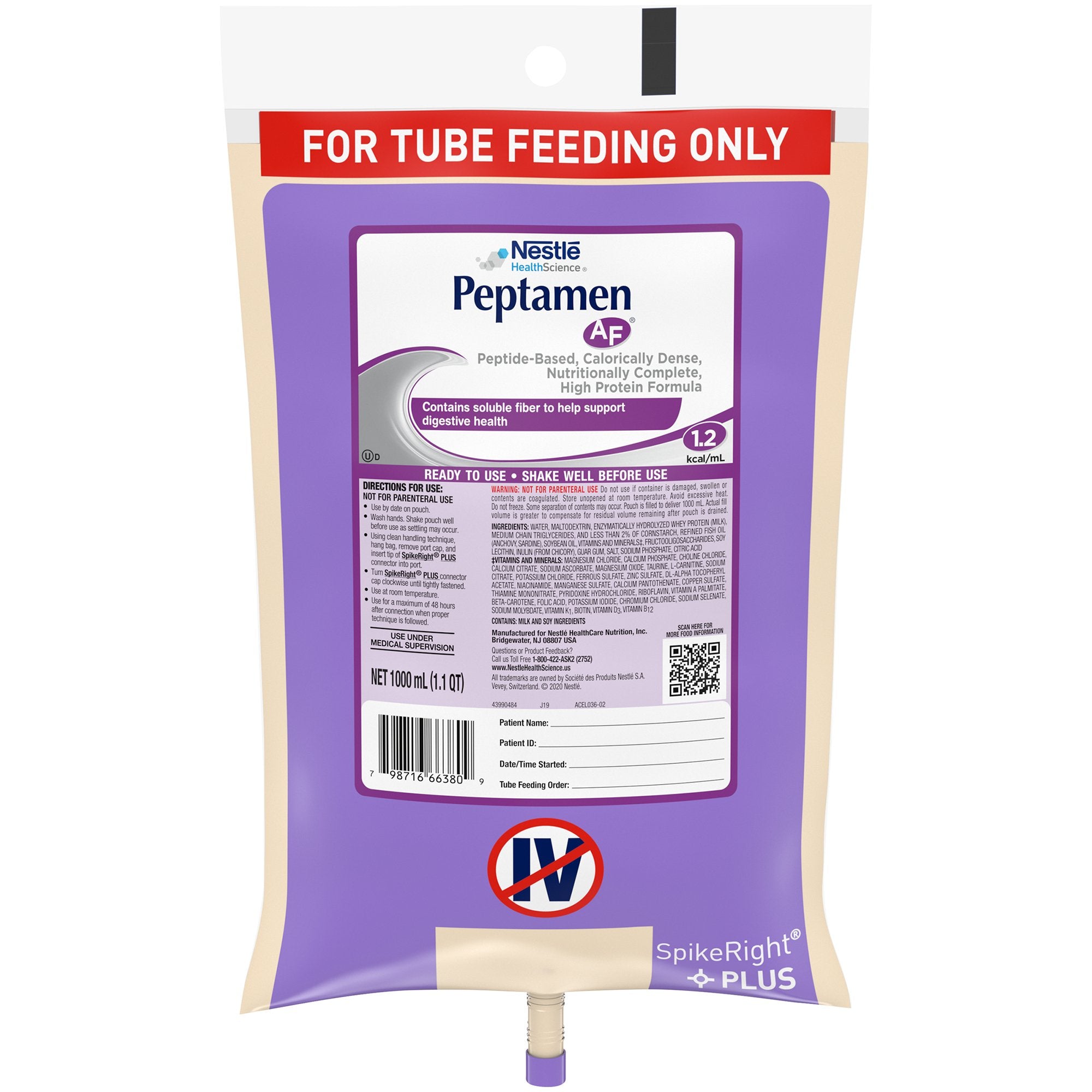 Tube Feeding Formula Peptamen AF Unflavored Liquid 1000 mL Ready to Hang Prefilled Container, Packaging Type- Case