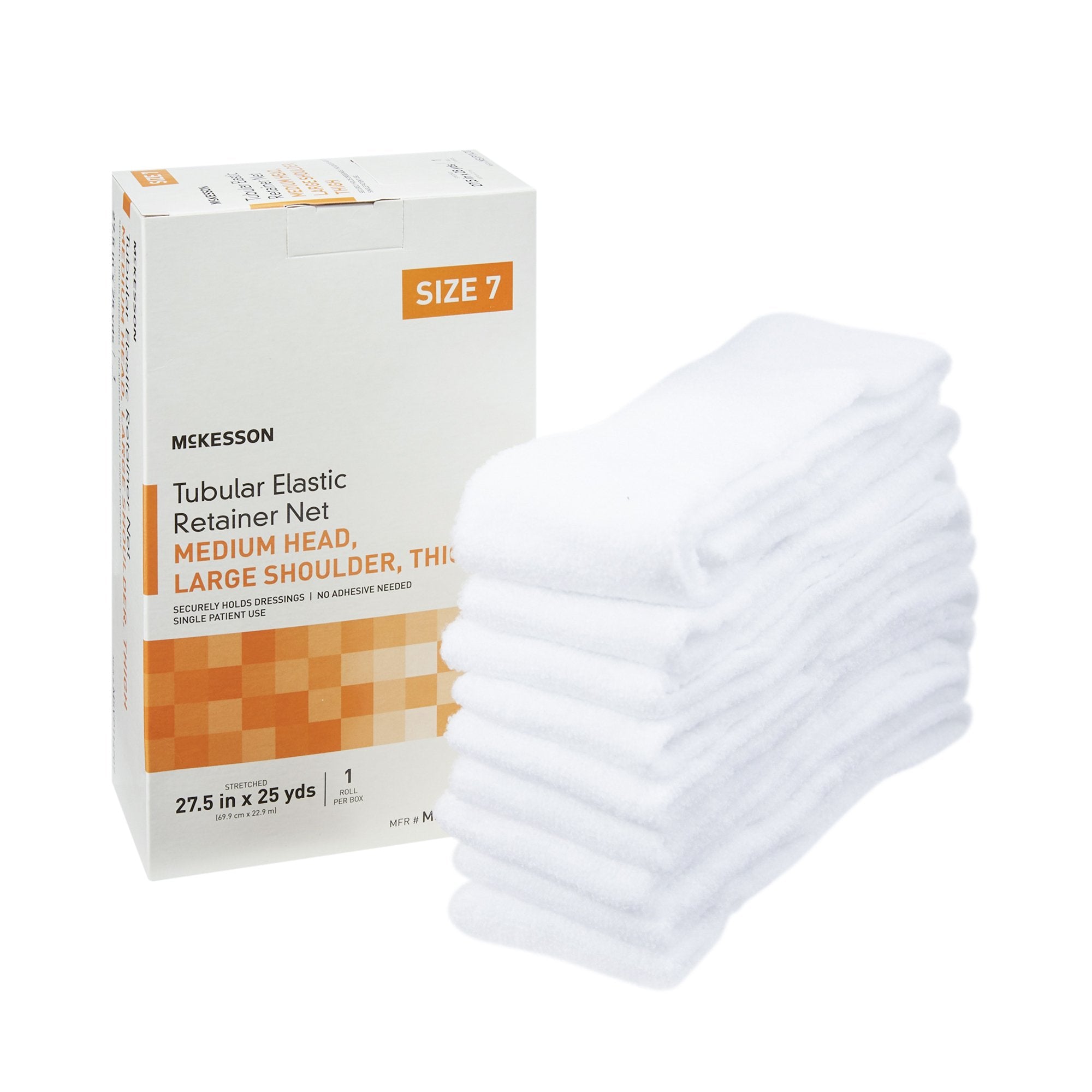 Elastic Net Retainer Dressing McKesson Tubular Elastic 27-1/2 Inch X 25 Yard (69.9 cm X 22.9 m) Size 7 White Medium Head / Large Shoulder / Thigh NonSterile, Packaging Type- Box