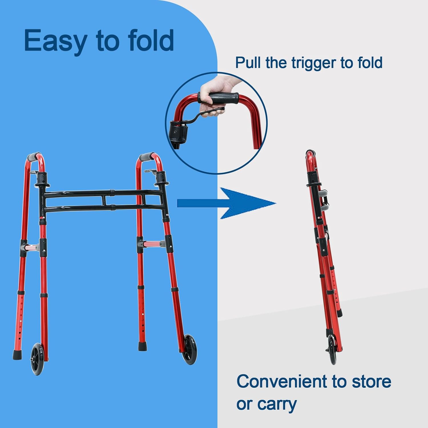 walker adult w 5 wheels folding red case of 2