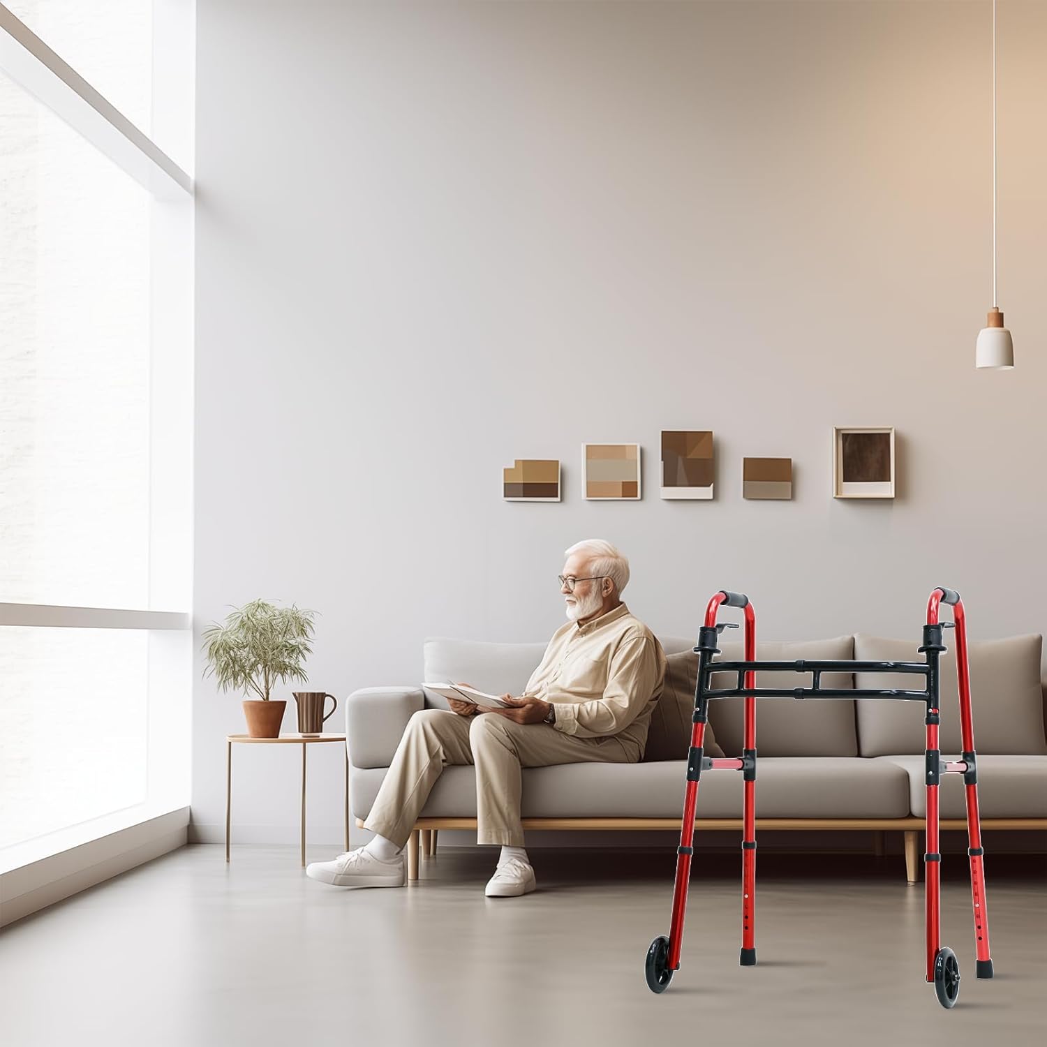 walker adult w 5 wheels folding red case of 2