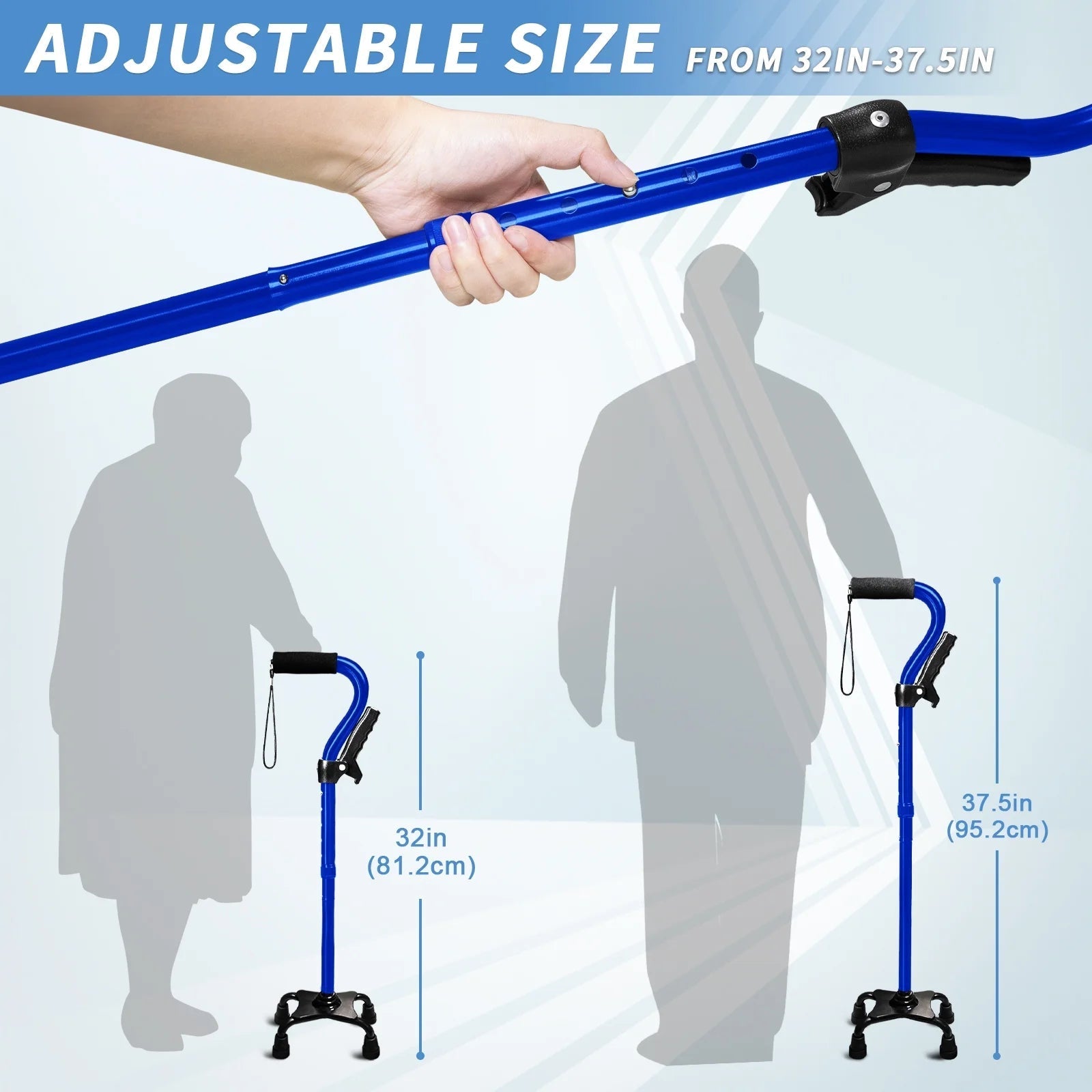 Walking Cane for Elderly Blue 4 Pronged Base Foldable Second Handle