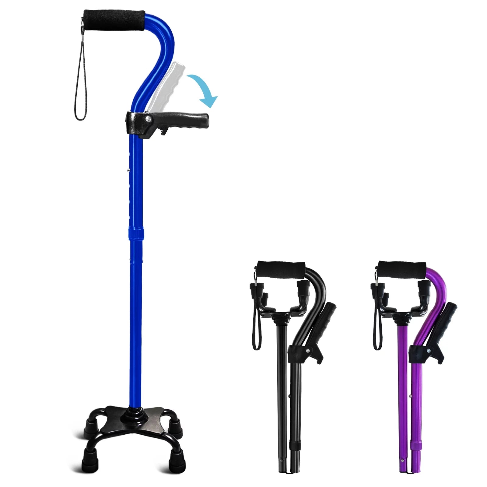Walking Cane for Elderly Blue 4 Pronged Base Foldable Second Handle