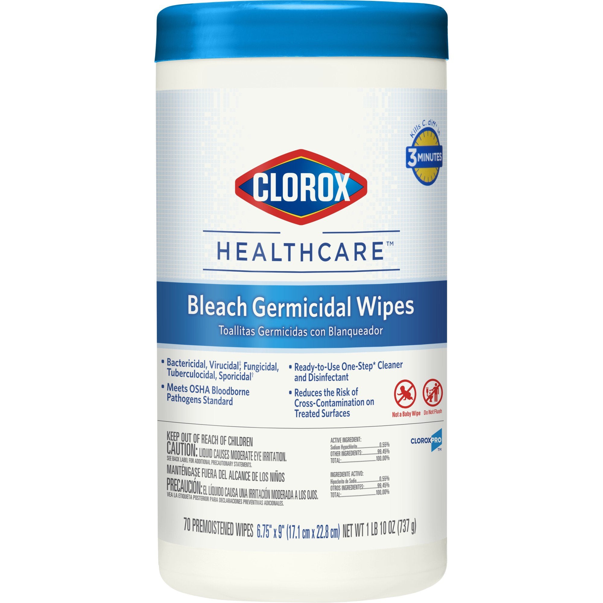 Clorox Healthcare Surface Disinfectant Cleaner Premoistened Bleach Germicidal Manual Pull Wipe 70 Count Canister Chlorine Scent NonSterile, Packaging Type- Case