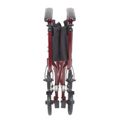 Side profile of red 17 inch transport wheelchair with padded arms