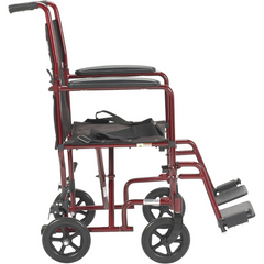 Drive Medical Transport Lightweight Red Wheelchair with Padded armrests and swing-away footrests ,Composite 8" Wheels ,300 lbs Weight Capacity ,19" (W) x 16" (D) ,10950J