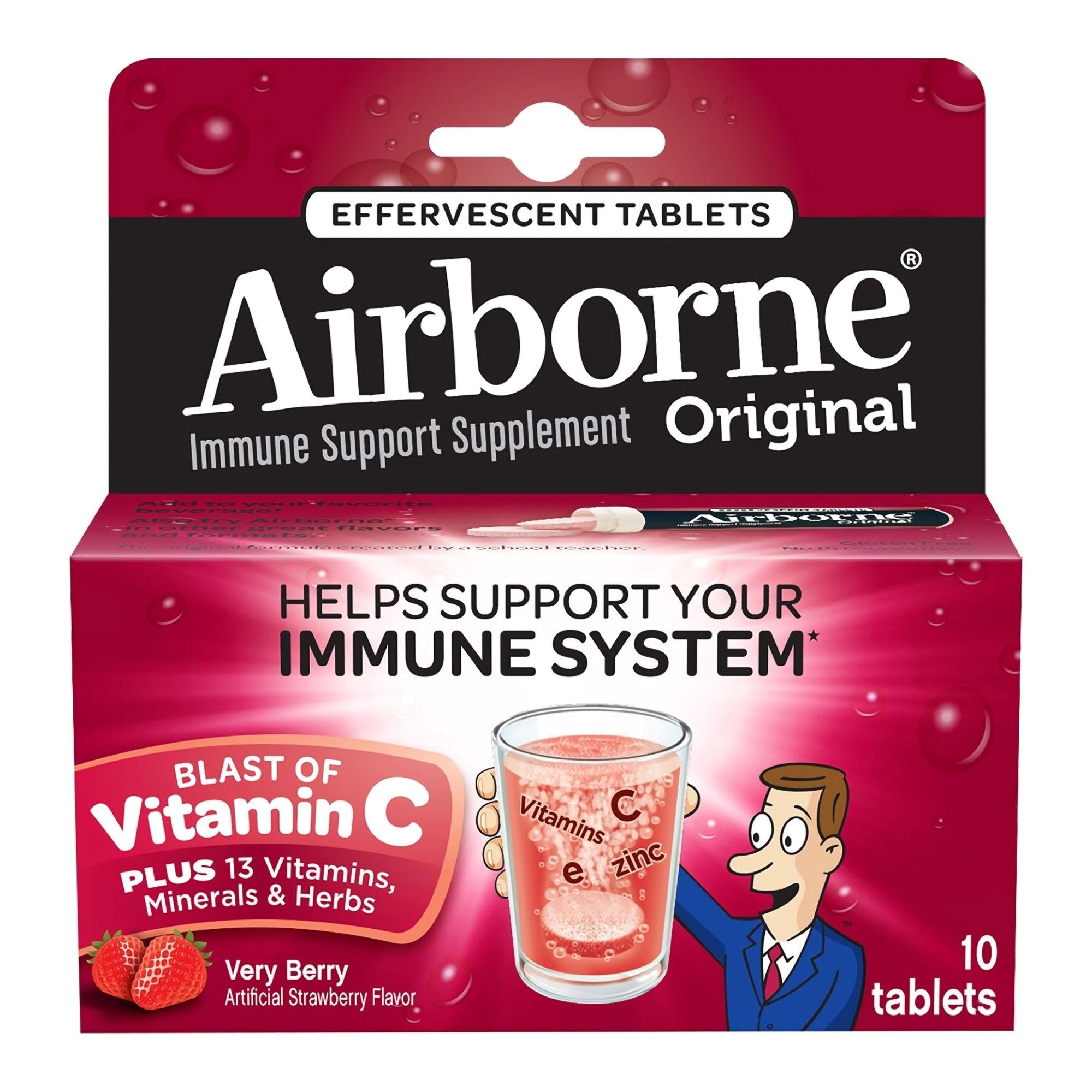 Multivitamin Supplement Airborne Immune Support Vitamin A / Ascorbic Acid 149 mg Strength Tablet 10 per Box Very Berry Flavor, Packaging Type- Box