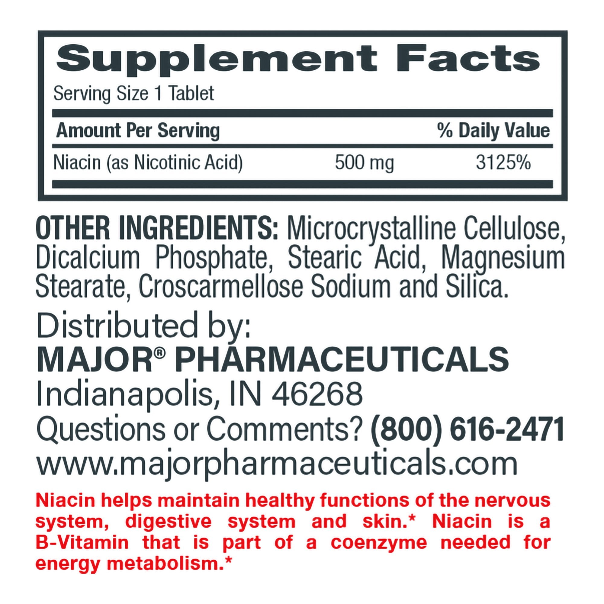 Dietary Supplement Major® Niacin 500 mg Strength Tablet 100 per Bottle