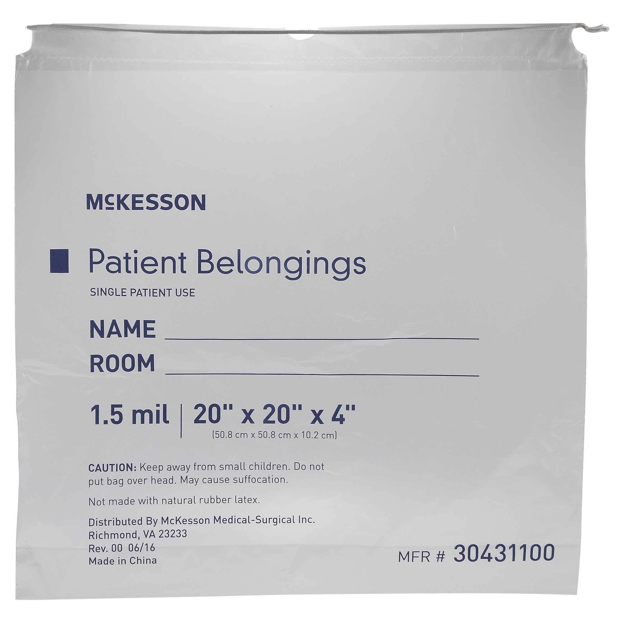 Patient Belongings Bag McKesson 4 X 20 X 20 Inch Polyethylene Drawstring Closure Clear, Packaging Type - Packet