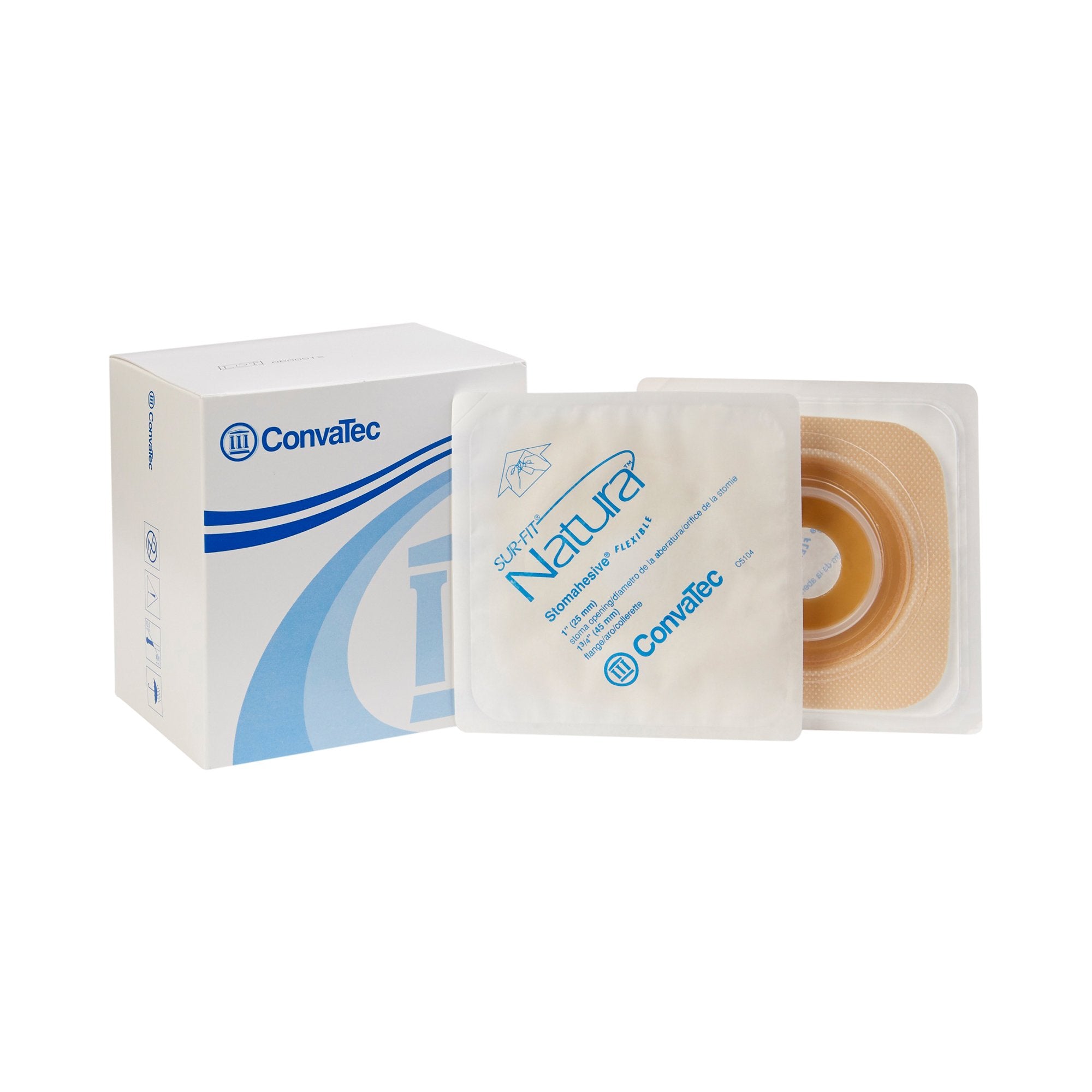 Ostomy Barrier Sur-Fit Natura Precut, Standard Wear Stomahesive Adhesive 45 mm Flange Sur-Fit Natura System Hydrocolloid 1 Inch Opening 4 X 4 Inch, Packaging Type- Box