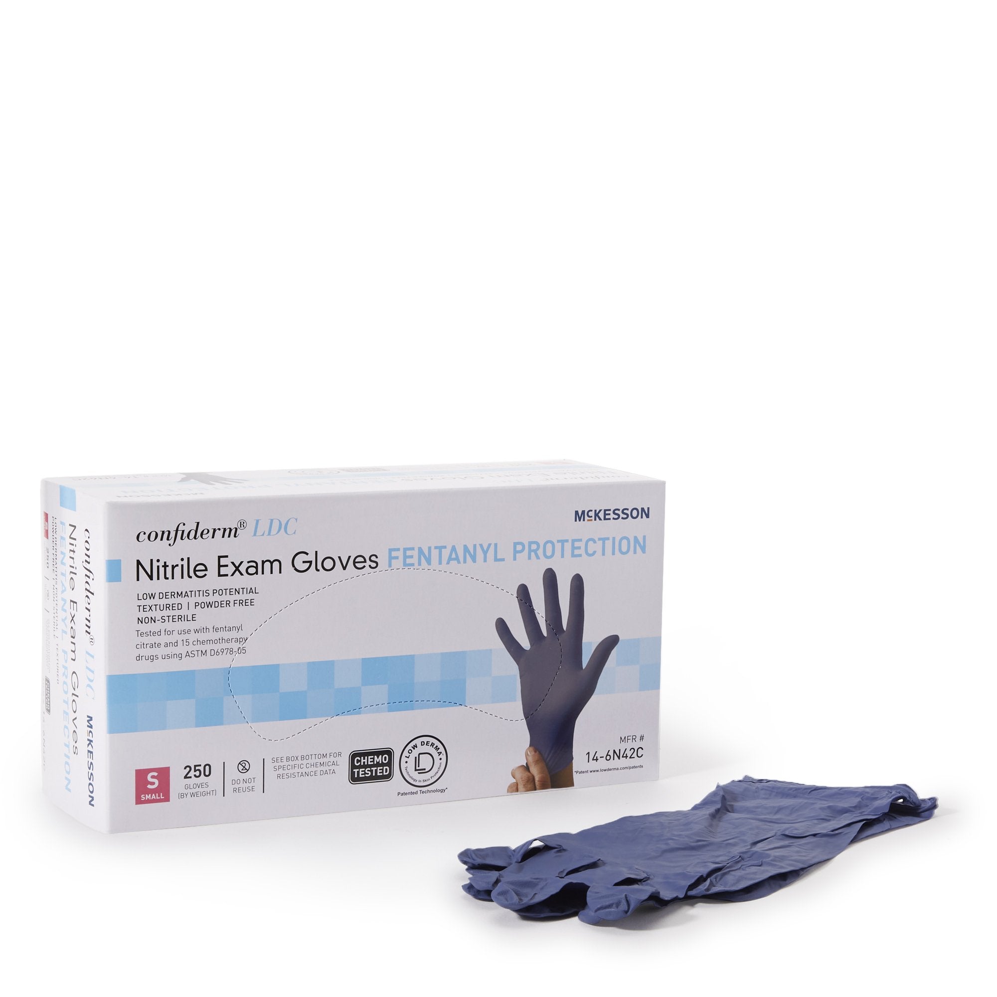 Exam Glove McKesson Confiderm LDC Small NonSterile Nitrile Standard Cuff Length Fully Textured Blue Chemo Tested / Fentanyl Tested, Packaging Type- Box