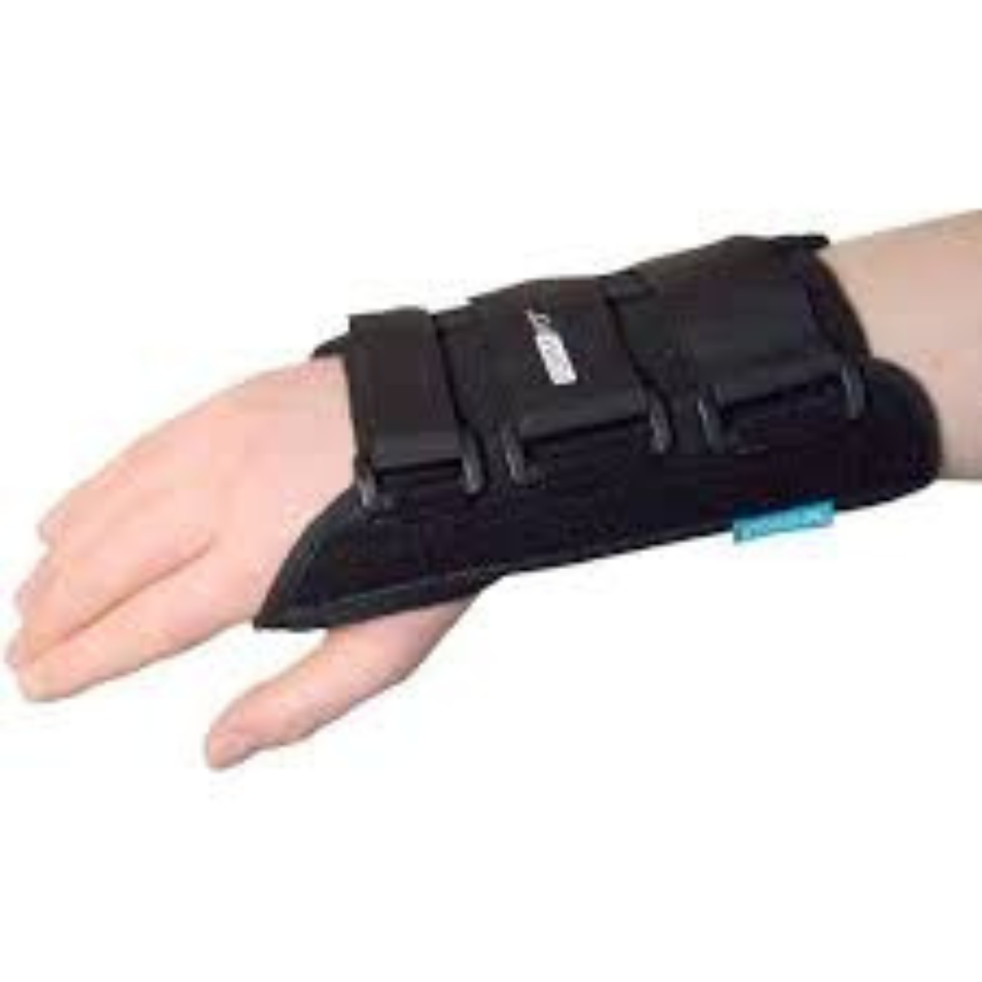 wrist brace with abducted thumb mckesson aluminum foam spandex plastic right hand black medium packaging type each