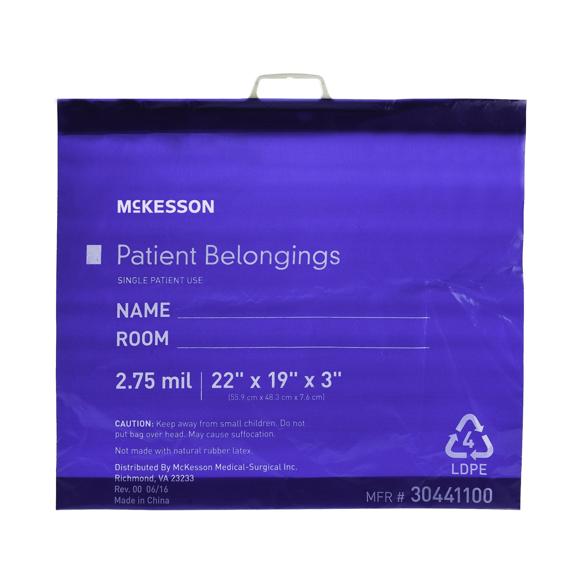 Patient Belongings Bag McKesson 3 X 19 X 22 Inch Polyethylene Snap Closure Blue, Packaging Type- Each