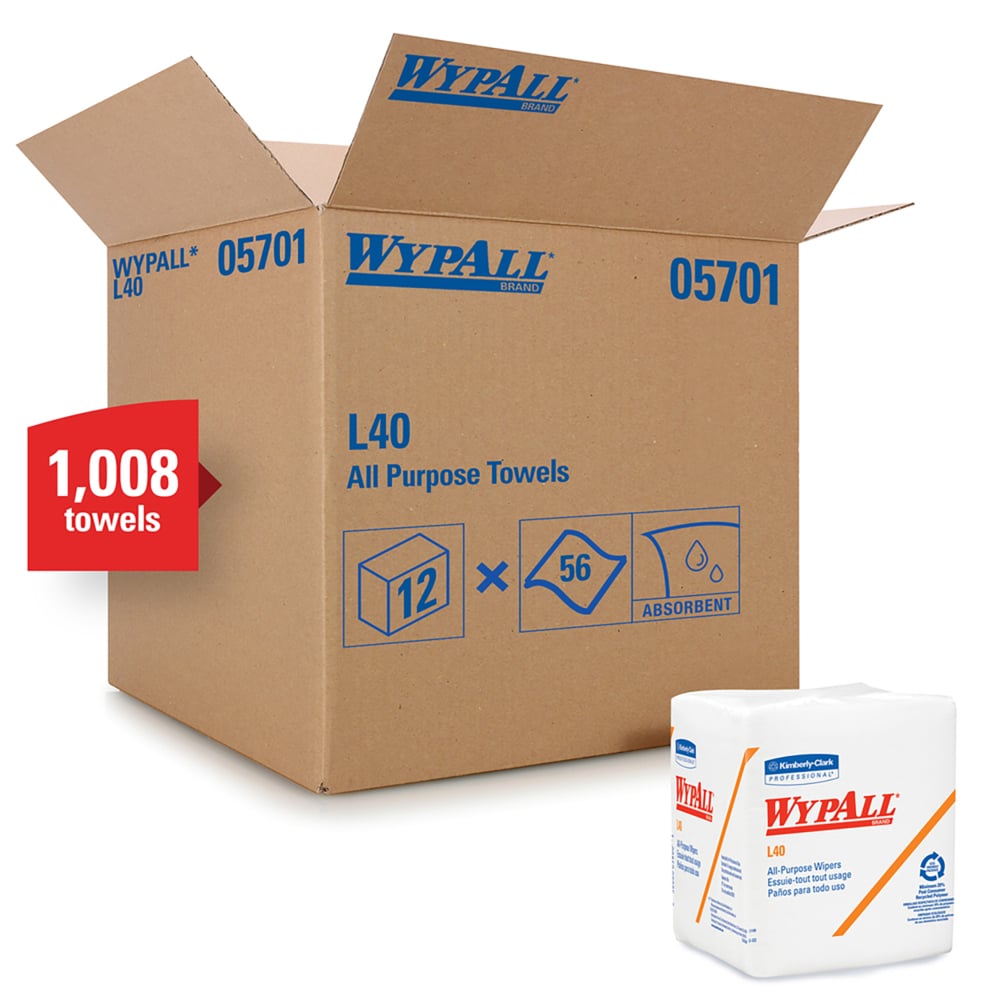 Wypall L40 all purpose towels packaging with a box and a single roll on a white background