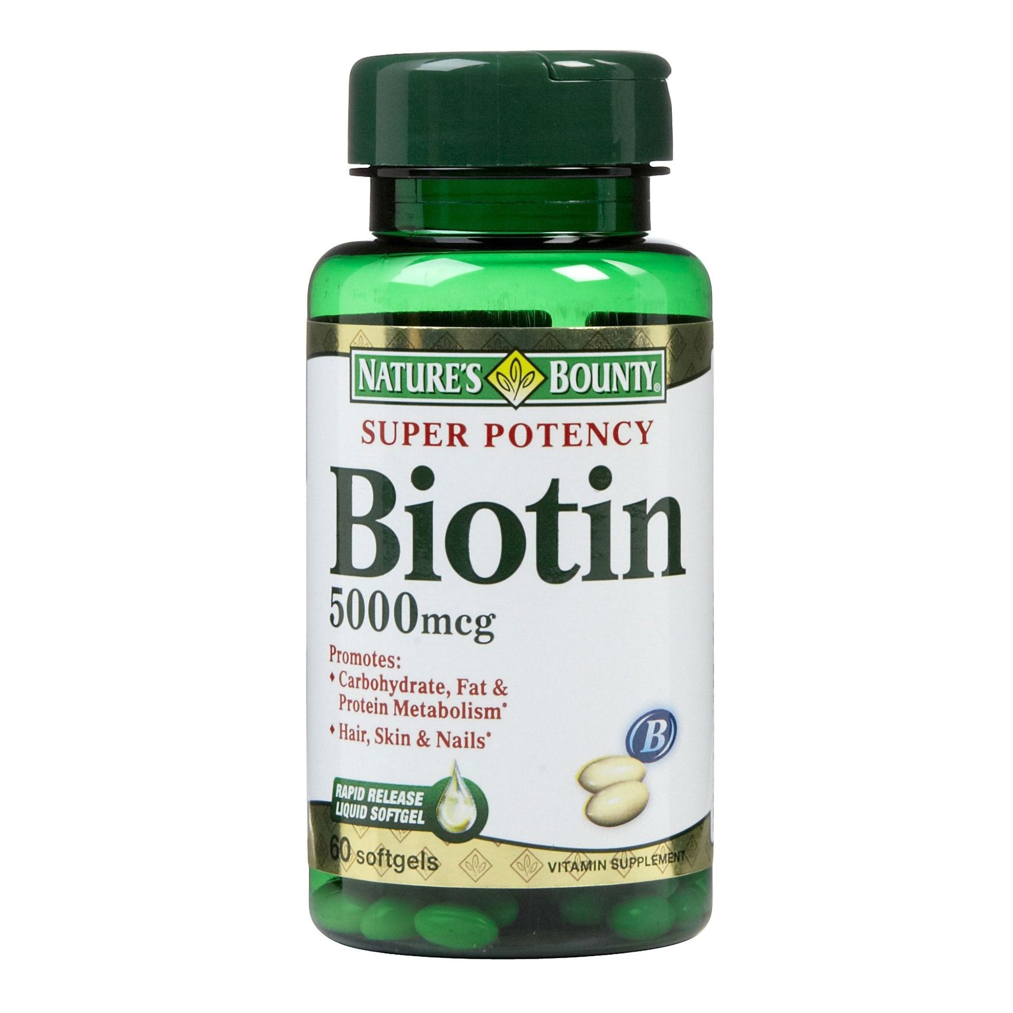 Biotin Supplement Nature's Bounty® Vitamin B7 5,000 mcg Strength Softgel 72 per Bottle