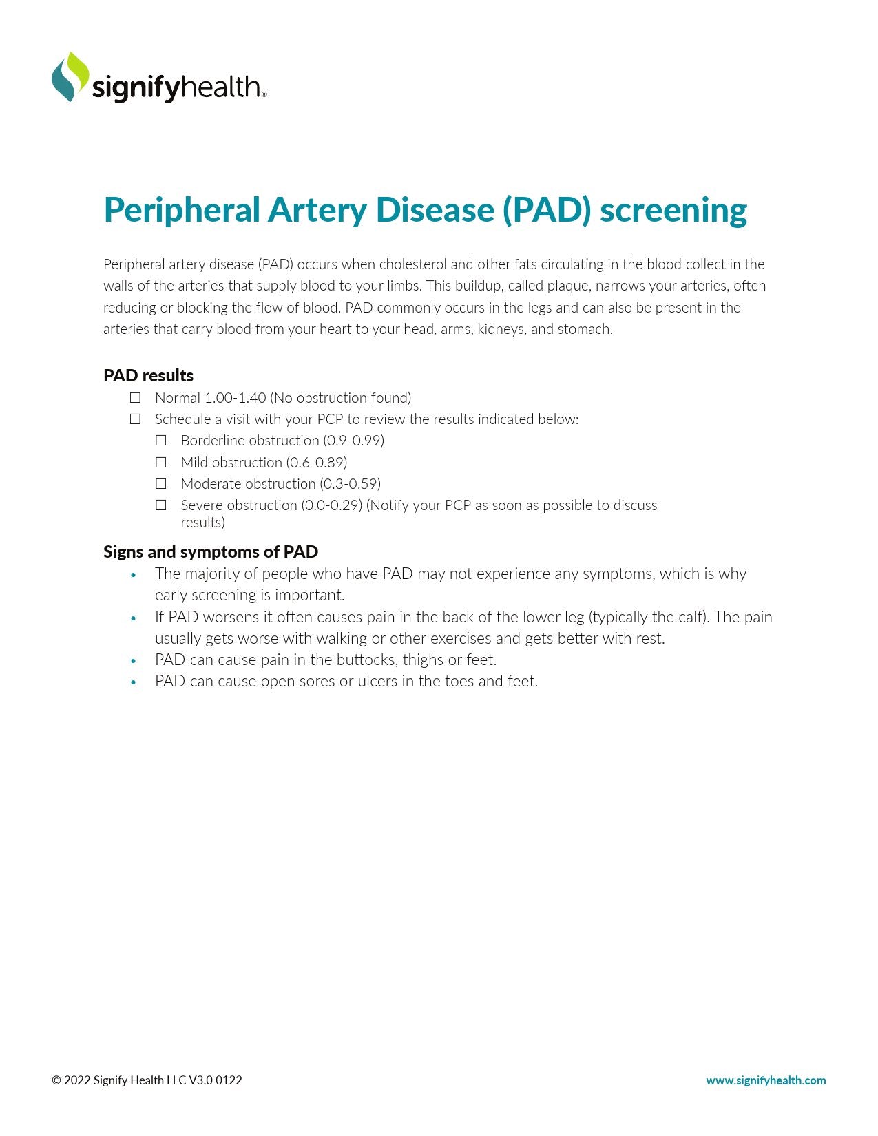 Fact Sheet Signigyhealth Peripheral Artery Disease (PAD) Screening 8 X11 Inch, Packaging Type- Case