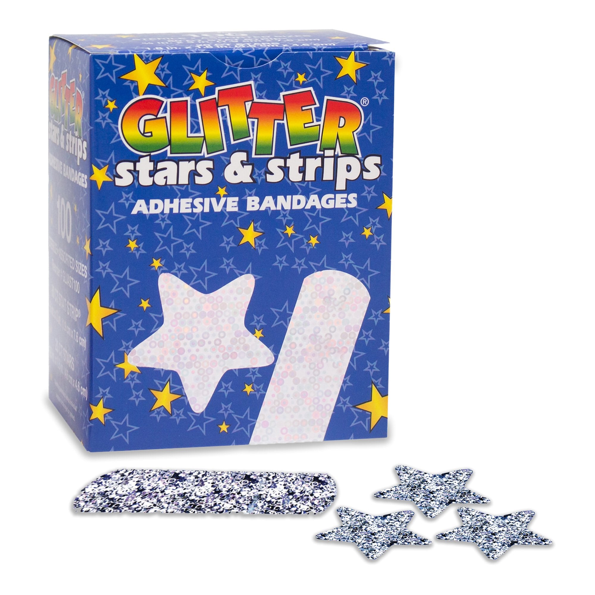 Adhesive Strip Glitter Stat Strip 3/4 X 3 Inch Plastic Rectangle Kid Design (Glitter Stars and Stripes) Sterile, Packaging Type- Box